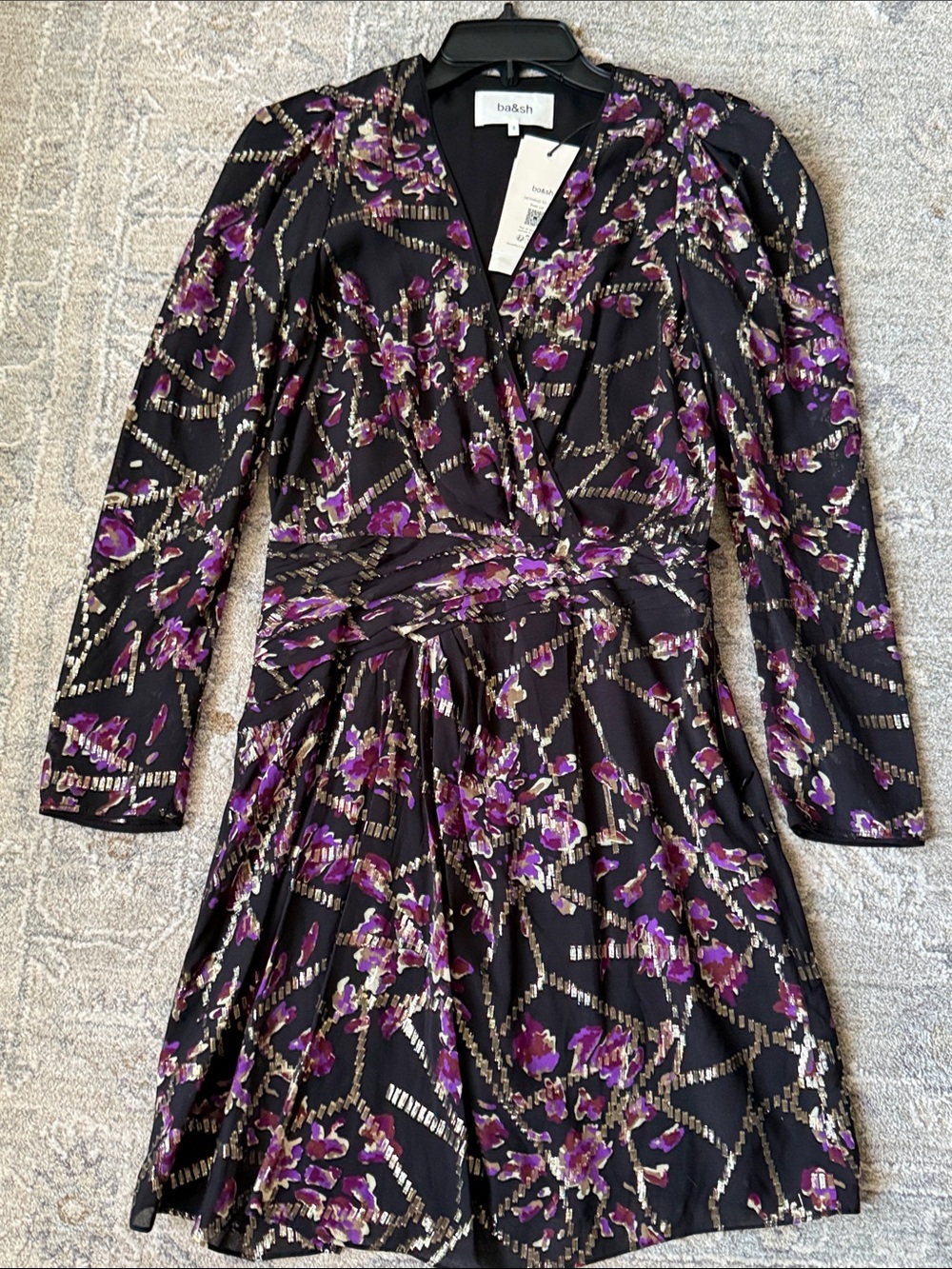 ba&sh Black Floral Wrap Dress with Purple & Gold Accents